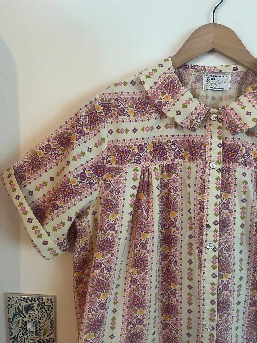 1960s Vintage Sears Cream House Dress with Lavender and Olive Floral Accents - Picture 2 of 10